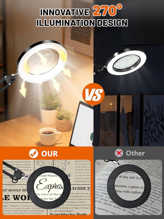 10X Magnifying Glass with Light and Clamp, Real Glass Lens Magnifier Lamp with 3 Color Modes & 270° LED Light, Dimmable Hands-Free Desk Clamp Lamp for Crafts, Reading, Painting, Repairing