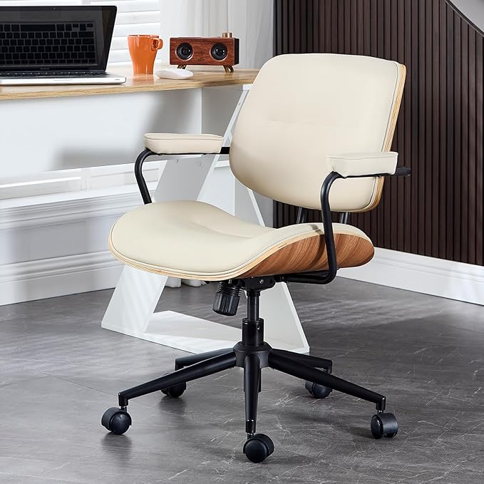 BV Mid Century Modern Office Chair Set of 1, Swivel Rolling Deak Chair with Armrests and Walnut Back, Adjustable Desk Chair for Home Office, Beige