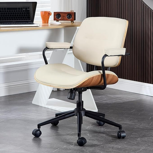 BV Mid Century Modern Office Chair Set of 1, Swivel Rolling Deak Chair with Armrests and Walnut Back, Adjustable Desk Chair for Home Office, Beige