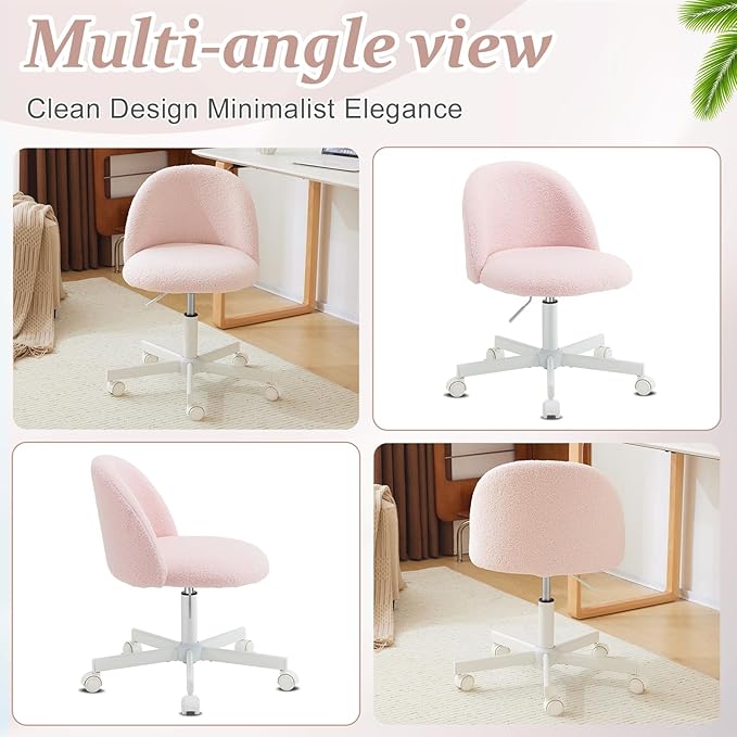 VINGLI Cute Candy Chair Armless Comfy Small Office Desk Vanity Chair with Wheels & Lumbar Support,Teddy Adjustable Rolling Swivel Computer Task Ch for Home Office,Bedroom,Gentle Pink