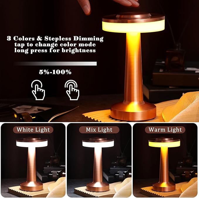 Riakrum Set of 2 LED Portable Cordless Table Lamp with Touch Sensor 3 Color Stepless Dimming Rechargeable Battery up to 15 Hours Cordless Table Light Wireless Lamp for Nursery(Rose Gold,4 Pcs)