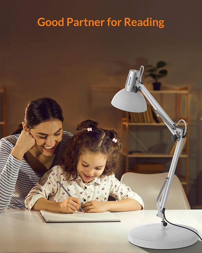 LEPOWER Metal Desk Lamp, Adjustable Goose Neck Architect Table Lamp with On/Off Switch, Swing Arm Desk Lamp with Clamp, Eye-Caring Reading Lamp for Bedroom, Study Room &Office (White)