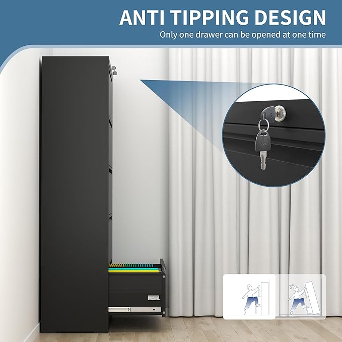 AQY 5 Drawer File Cabinet with Lock,Metal Lateral File Cabinets for Home Office,Steel Wide Filing Organization Storage Cabinets for Hanging Files Letter/Legal/F4/A4 Size,Assembly Required(Black)