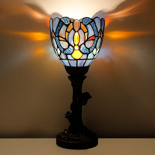 Small Tiffany Lamp Mini Stained Glass Table Lamp Blue Liaison Accent Desk Uplight W6 H13.5 Inch Bronze Resin Base