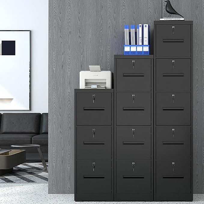 3 Drawer File Cabinet with 3 Individual Locks, Vertical Metal Filing Cabinet Home Office Narrow Locking File Cabinets for A4/Legal/Letter File Folders, Anti-Tilt Design, Need Assemble (Black)