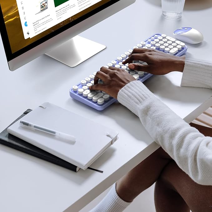 Wireless Keyboard and Mouse Combo - GEEZER Purple-White Full-Sized Colorful Keyboard 104 Keys - USB 2.4 G Receiver Plug and Play with Round Keycap Typewriter Keyboards, for Windows, PC, Laptop