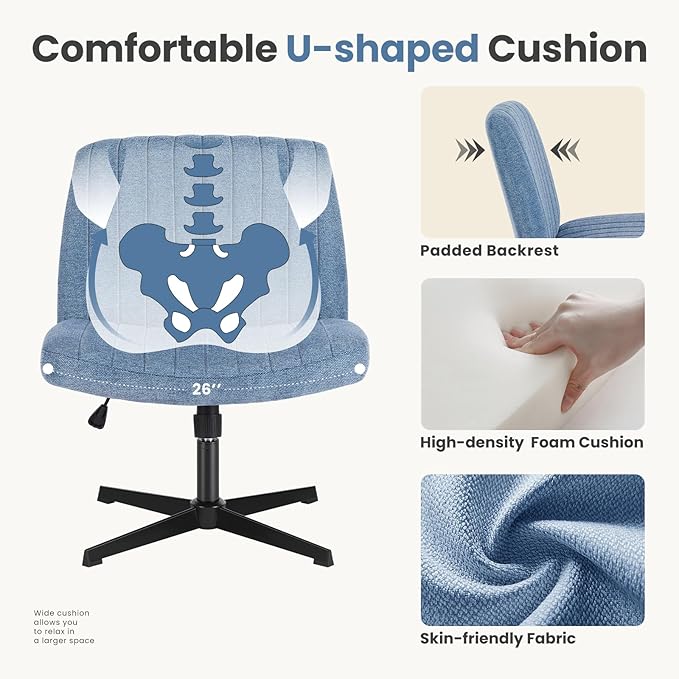 DUMOS Criss Cross Legged Office Chair, Armless No Wheels Wide Seat, Modern Home Desk Height Adjustable Swivel Fabric Comfortable Vanity Seating for Bedroom