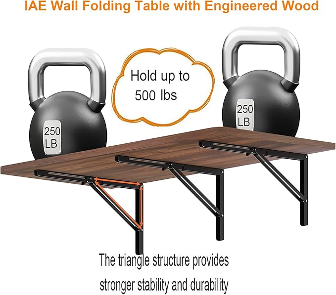 IAE 48" x 22" Floating Foldable Desk,Wall-Mounted Folding Computer Table with Engineered Wood,Study Table with Shelf Brackets,Fold Down Shelf,Fold Computer Desk for Small Spaces,Holds 500 lb,Brown