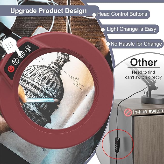 10X Magnifying Glass with Light and Stand, Upgrade Button 5 Color Modes Stepless Dimmable, 2-in-1 LED Lighted Magnifier Light, Hands Free Desk Lamp with Clamp for Craft Hobby Close Work - Red