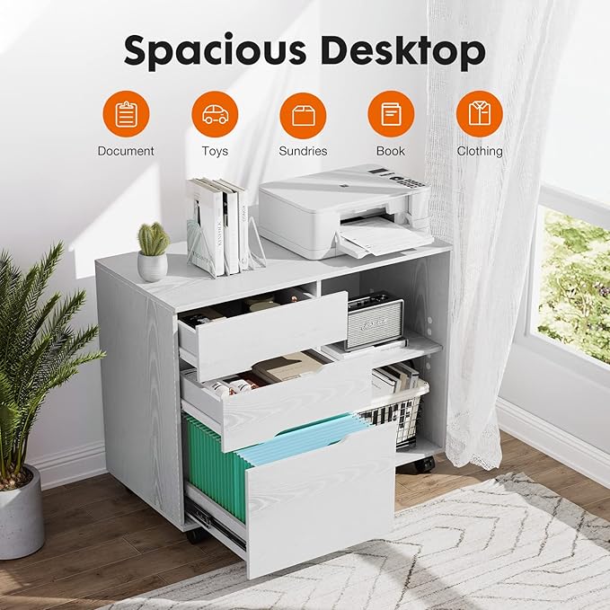 File Cabinet with 3 Drawers, Mobile Lateral Filing Cabinet with Open Storage Shelves for Home Office Under Desk Storage, White