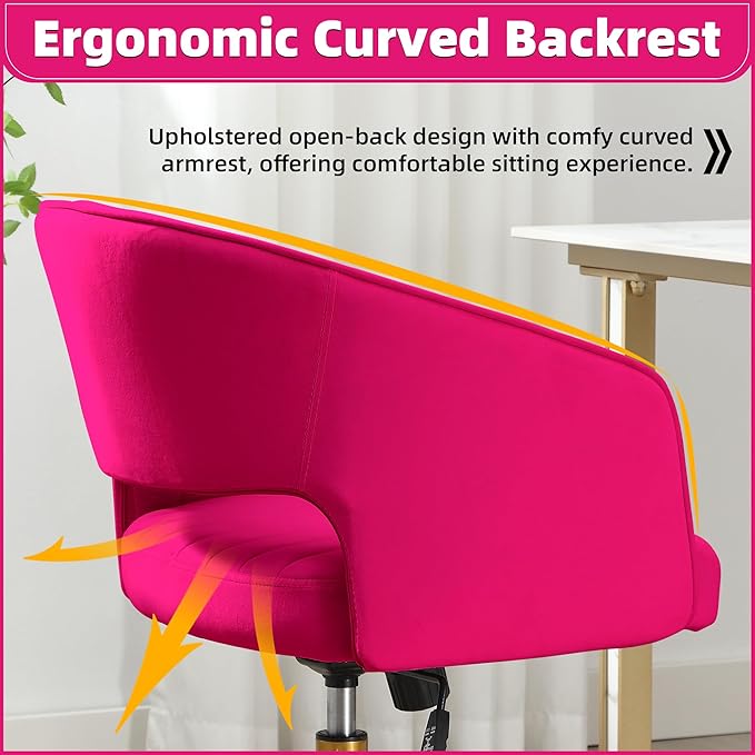ABET Desk Chair with Wheels, Velvet Home Office Chair, Swivel Armchair Gold Base, Upholstered Modern Accent Chairs, Back Incline Adjustable for Living Room Bedroom Vanity, Hot Pink