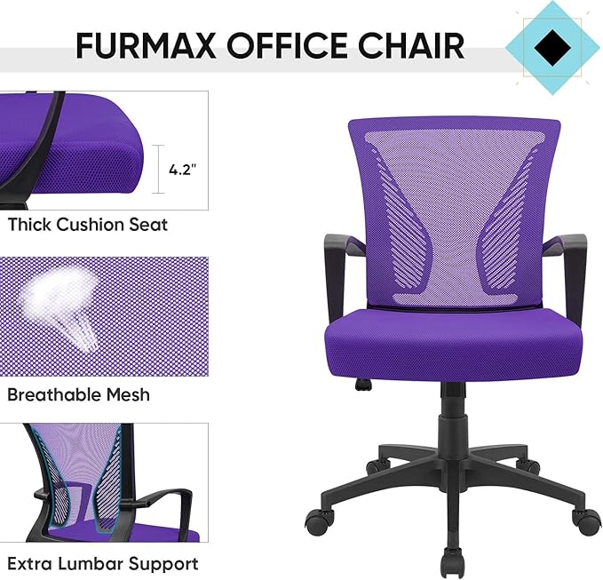 Furmax Office Chair Ergonomic Computer Desk Mesh Chair Mid Back Swivel Lumbar Support with Armrest (2, Violet)