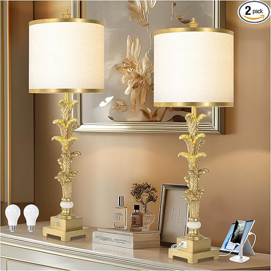 Touch Control Table Lamps Set of 2, 3-Way Dimmable Nightstand Lamps with USB A+C Ports, 33'' Tall Buffet Lamps with White Shade, Gold Leaf Finish Lamp for Bedroom Living Room Dinning House Office