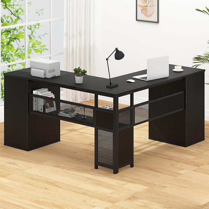 HSH Black L Shaped Desk with File Drawers Shelves, Reversible Corner Metal Wood Computer Desk with Storage Cabinet, Modern Large Executive Work Writing Study Table for Home Office Bedroom, 59 Inch