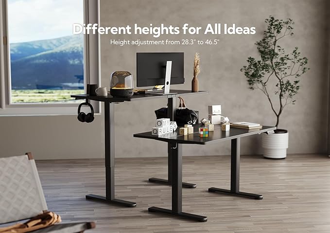 Claiks Electric Standing Desk, Adjustable Height Stand up Desk, 55x24 Inches Sit Stand Home Office Desk with Splice Board, Black Frame/Black Top