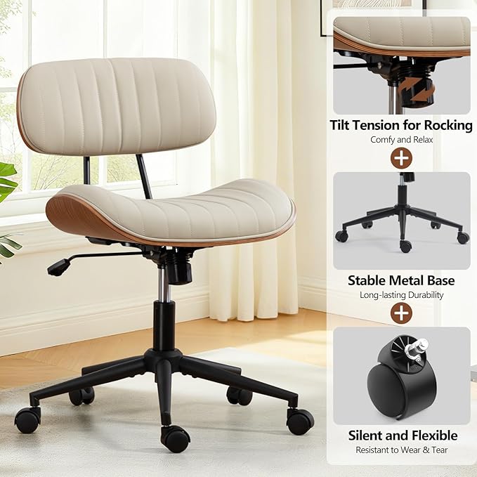 Home Office Chair with Wheels, Adjustable Height Desk Chair Leather Swivel Computer Chair, Armless Modern Walnut Chair for Office, Meeting Room, White