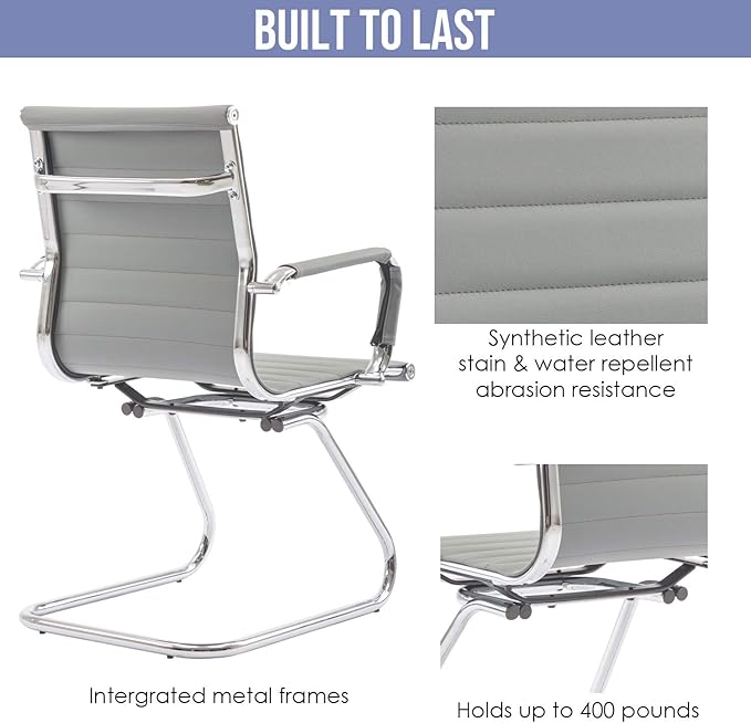 Wahson Office Guest Chairs Set of 8, Leather Reception Chairs, Mid Back Waiting Room Chair, Conference Chairs with Sled Base, Desk Chair No Wheels for Meeting/Lobby/Restroom, Grey