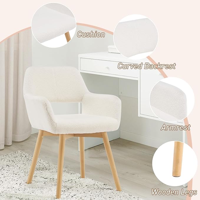 Desk Chair No Wheels Vanity Chair Makeup Chair Comfy Accent Chair for Living Dining Room Bedroom Home Office Mid Century Modern Upholstered Armchair Sofa with Wood Legs (Wool White, 1)
