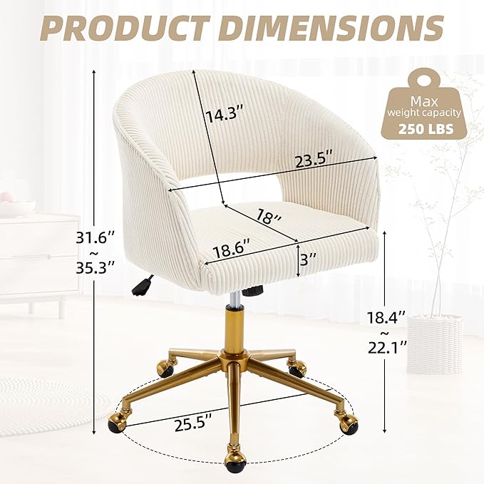 ABET Desk Chair with Wheels, Corduroy Home Office Chair, Swivel Armchair Gold Base, Upholstered Modern Accent Chairs, Back Incline Adjustable for Living Room Bedroom Vanity, Beige