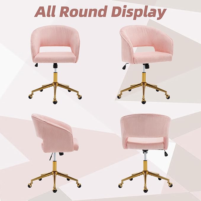 ABET Desk Chair with Wheels, Corduroy Home Office Chair, Swivel Armchair Gold Base, Upholstered Modern Accent Chairs, Back Incline Adjustable for Living Room Bedroom Vanity, Pink