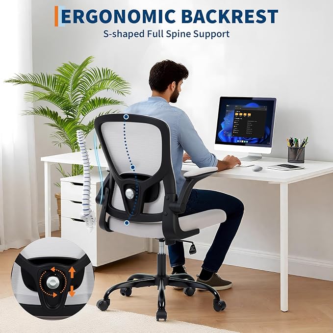 Office Chair – Ergonomic Desk Chair, Adjustable Lumbar Support, Flip-Up Armrests, Mesh Computer Desk Chair, Swivel Rolling Executive Gaming Chair for Home & Office (Gray)