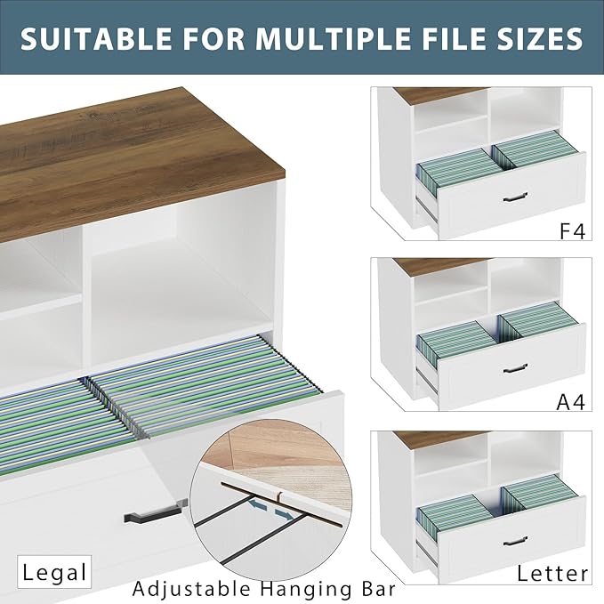 LVB Wood Lateral File Cabinet with Drawer, Wide Filing Cabinet for Letter/Legal/A4/F4 Size, Farmhouse Office Storage File Cabinet Printer Stand with Open Shelf in Home, 32.7 Inch, White and Rustic Oak