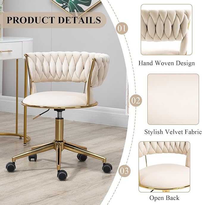 Home Office Chair with Hand Woven, Velvet Upholstered Desk Chair with Open Back, 360° Swivel & Height Adjustable Task Chair, Ergonomic Office Chair with Gold Base (Ivory)
