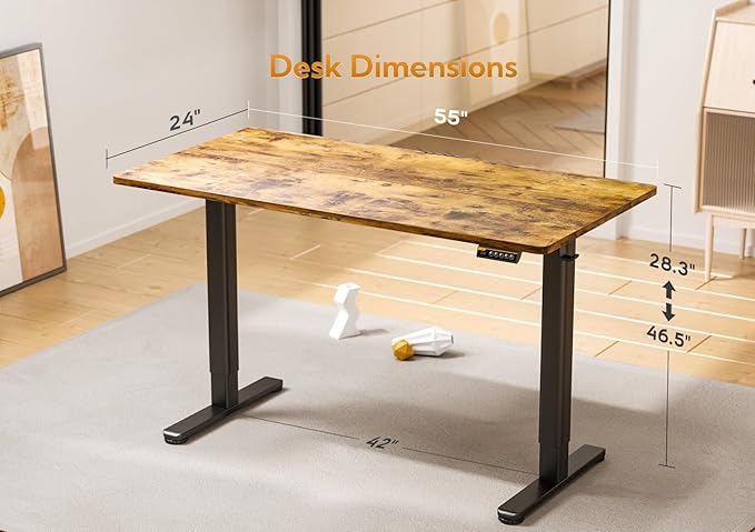 Seang Electric Standing Desk, Adjustable Height with 3 Memory Presets, 55x24 Inch Sit Stand with Splice Board for Home Office Computer Workstation, Black Frame/Rustic Brown Top