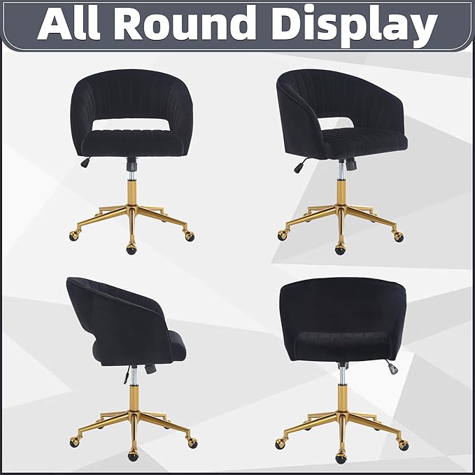 ABET Desk Chair with Wheels, Velvet Home Office Chair, Swivel Armchair Gold Base, Upholstered Modern Accent Chairs, Back Incline Adjustable for Living Room Bedroom Vanity, Black