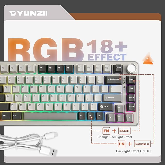 YUNZII B75 PRO Wireless Mechanical Keyboard,75% Layout with Knob,Hot Swap Gasket Custom Structure,Creamy Pre-lubed Switches,RGB Backlit,Bluetooth/Type-C/2.4G for Win/Mac(Cocoa Cream V2 Switch,Grey)
