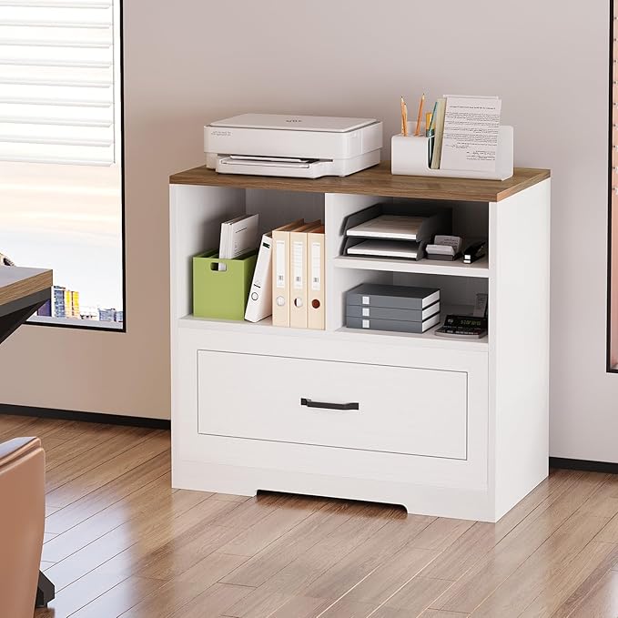 LVB Wood Lateral File Cabinet with Drawer, Wide Filing Cabinet for Letter/Legal/A4/F4 Size, Farmhouse Office Storage File Cabinet Printer Stand with Open Shelf in Home, 32.7 Inch, White and Rustic Oak