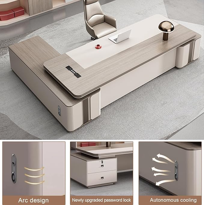 102IN Modern Executive Desk - Executive Office Desk with Large - Capacity Locker & Arc Design & Hidden Multimedia Wire Box & Safety Combination Lock & Privacy Baffle