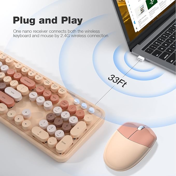 Wireless Keyboard and Mouse Combo - GEEZER Coffee Full-Sized Colorful Keyboard 104 Keys - USB 2.4 G Receiver Plug and Play with Round Keycap Typewriter Keyboards, for Windows, PC, Laptop, Desktop