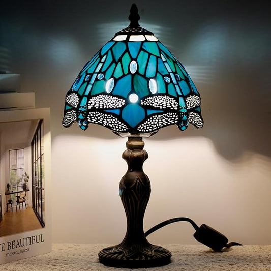 Small Tiffany Lamp Stained Glass Table Lamp Mini Desk Accent Light for Bedroom Bedside Reading Home Antique Style Decor 8X15 Inches (Green Dragonfly)