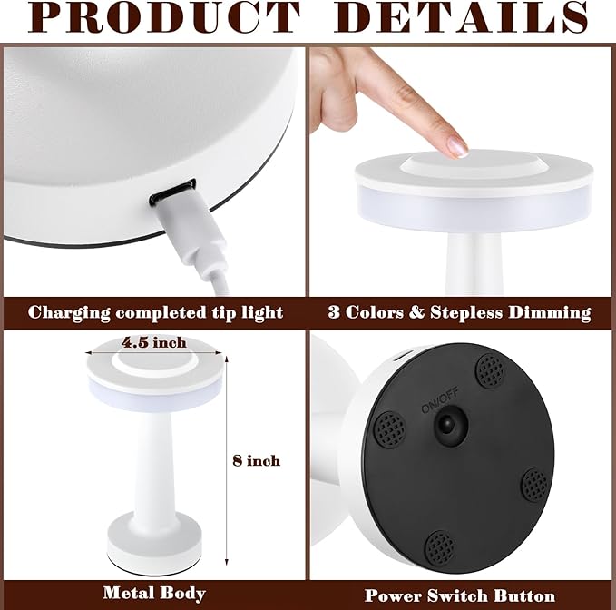 Riakrum Set of 2 LED Portable Cordless Table Lamp with Touch Sensor 3 Color Stepless Dimming Rechargeable Battery up to 15 Hours Cordless Table Light Wireless Lamp for Nursery(White,2 Pcs)