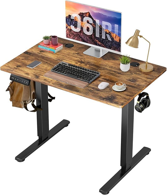 40 x 24 in Electric Standing Desk - Memory Height Adjustable Ergonomic Sit-to-Stand Rising Computer Table Gaming Workstations with 2 Hooks and Wire Hole for Home Office, Brown
