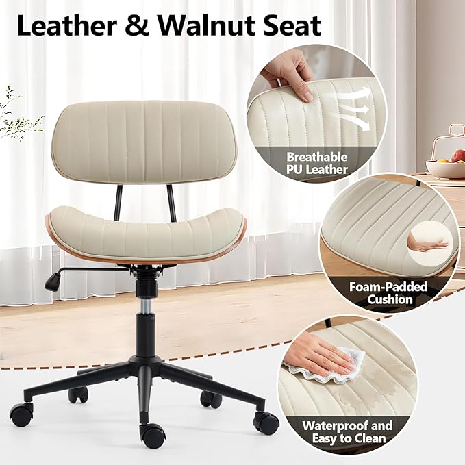 Home Office Chair with Wheels, Adjustable Height Desk Chair Leather Swivel Computer Chair, Armless Modern Walnut Chair for Office, Meeting Room, White