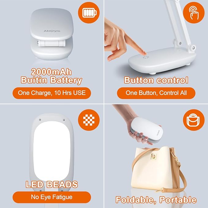LED Desk Lamp for Office Home & Battery Operated Lamp Rechargeable Lamp Foldable & Portable Light, [2-Fold Bracket] 3 Brightness Dimmable Small Desk Lamp Wireless Reading Lamp (White)