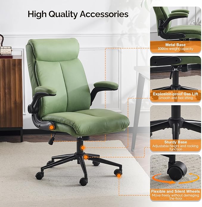 VINGLI Rolling Ergonomic Office Desk Chair with Padded Flip-up Arms, 360° Swivel High Back Executive Computer Task Chair with Wheels for Game,Home Small Space, Study Room, Reading Room,Pu Green