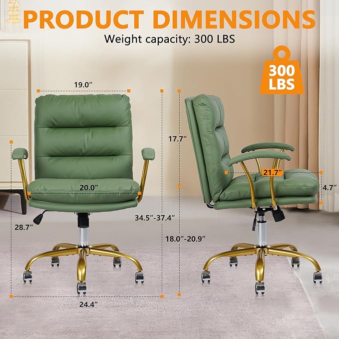 Leather Home Office Desk Chair, Mid-Back Vanity Chair Make Up Chair with Gold Wheels & Removable Armrests, Rolling Swivel Computer Task Chair for Office Bedroom Living Room Girls Women, Green