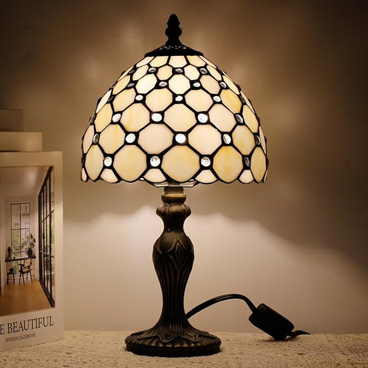 Small Tiffany Lamp Stained Glass Table Lamp Mini Desk Accent Light for Bedroom Bedside Reading Home Antique Style Decor 8X15 Inches (White Yellow)