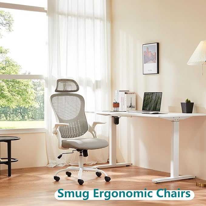 SMUG Office Chair Ergonomic Desk Lumbar Support, Computer Chairs Gaming Mesh with Wheels and Headrests, Flip-up Arm,Adjustable Position for Home, Work, Study, Grey