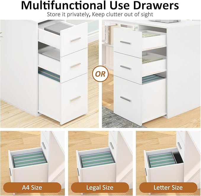 HSH White L Shaped Desk with Drawers Shelves, Large Home Office Corner Computer Desk with Storage File Cabinet, Modern Metal Wood Desk for Executive Writing Study Workstation, 59 Inch Bedroom Table