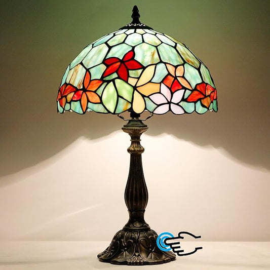 Tiffany Lamp Touch Control Table Lamp Red Yellow Green Flowers Style Stained Glass Desk Lamp 12X12X19 Inches Reading Light