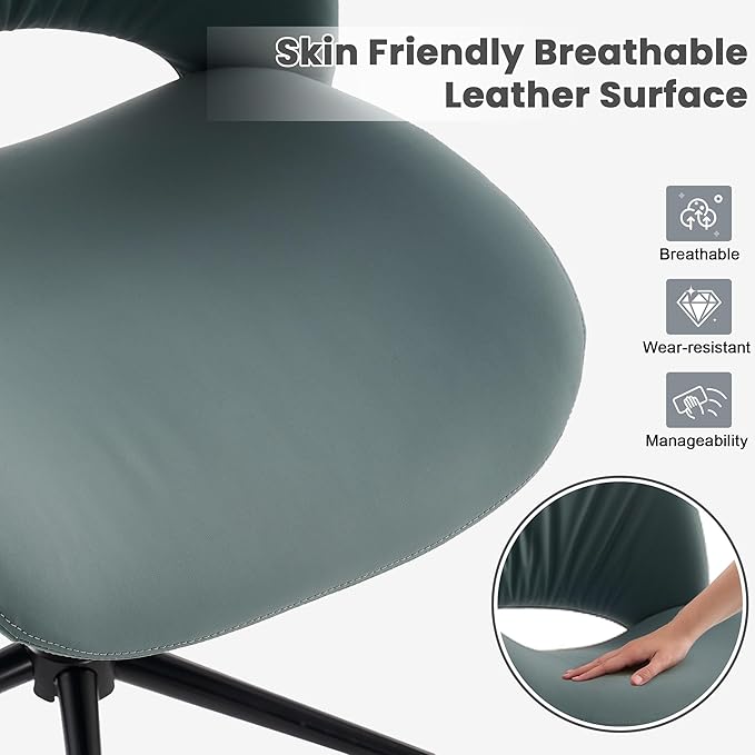 Rowill Armless Office Desk Chair, Ergonomic PU Leather Modern Task Chair with Back Adjustable Height, 360° Swivel Vanity Chairs with Wheels for Small Space, Home Office, Bedroom, Grayish Green