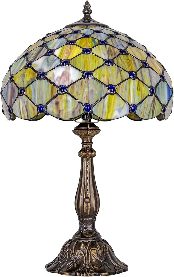 Tiffany Lamp Vintage Gradient Green Stained Glass Bead Table Lamp Desk Bedside Reading Light Decor Bedroom Living Room Home Office D12*H18 Inches (Gradient Green)