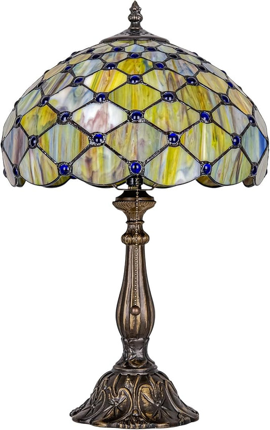Tiffany Lamp Vintage Gradient Green Stained Glass Bead Table Lamp Desk Bedside Reading Light Decor Bedroom Living Room Home Office D12*H18 Inches (Gradient Green)