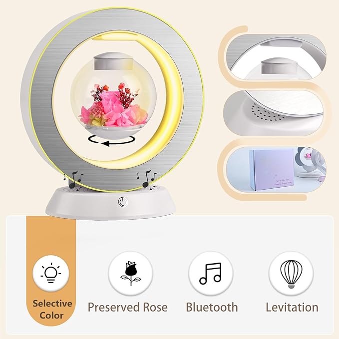 LoveLin Magnetic Levitation Circle Table Lamp with Bluetooth Speaker,5W Led Night Light,Three Variable Color,Automatic Rotating Preserved Flowers Creative Gifts Home Office Ornament Rotundity Layout