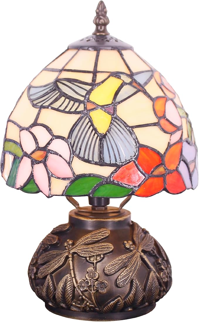 Small Tiffany Lamp Mini Stained Glass Table Lamp Hummingbird Style Mushroom Desk Light Memory Sympathy Lamp 8X11 Inch