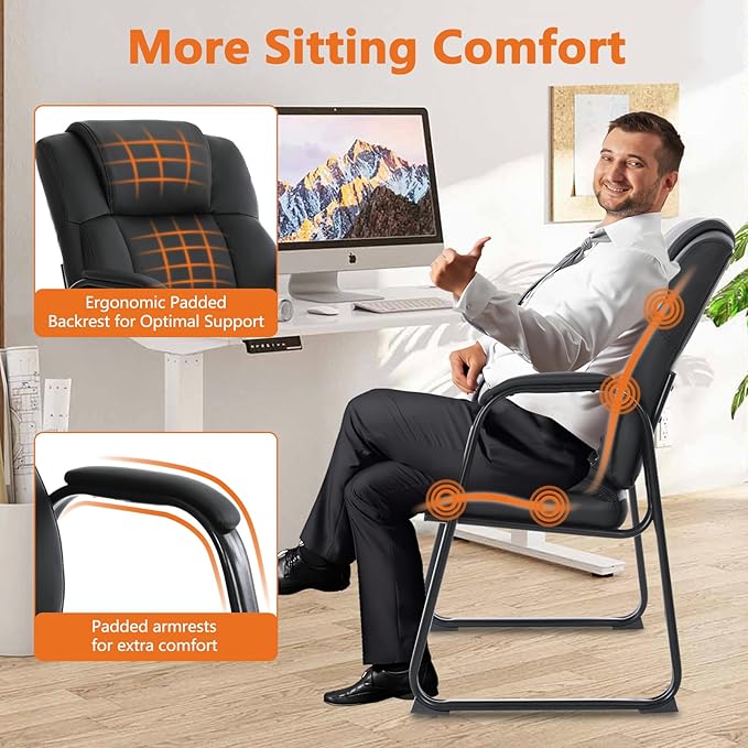 CLATINA Big Tall 500 LBS Wide Guest Chair Heavy Duty, Leather Side Reception Chairs with Sled Base and Armrest, Executive Office Desk Chair No Wheels for Meeting Conference Waiting Room Home, Black